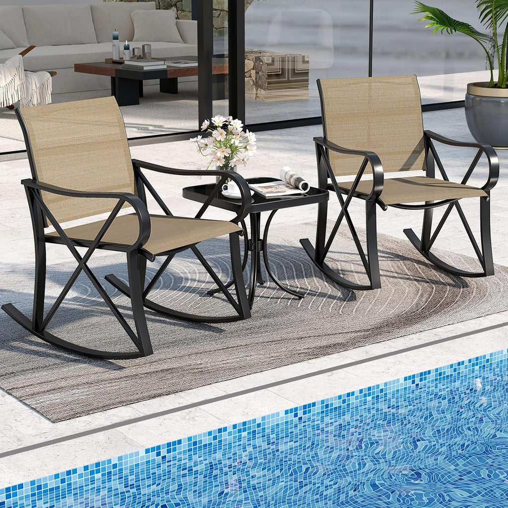 HAPPYGRILL 3-Piece Patio Rocking Bistro Set Rocker Chairs Set with Side Table, Outdoor Conversation Furniture Set with Metal Frame for Porch, Garden, Backyard, Balcony (Brown)