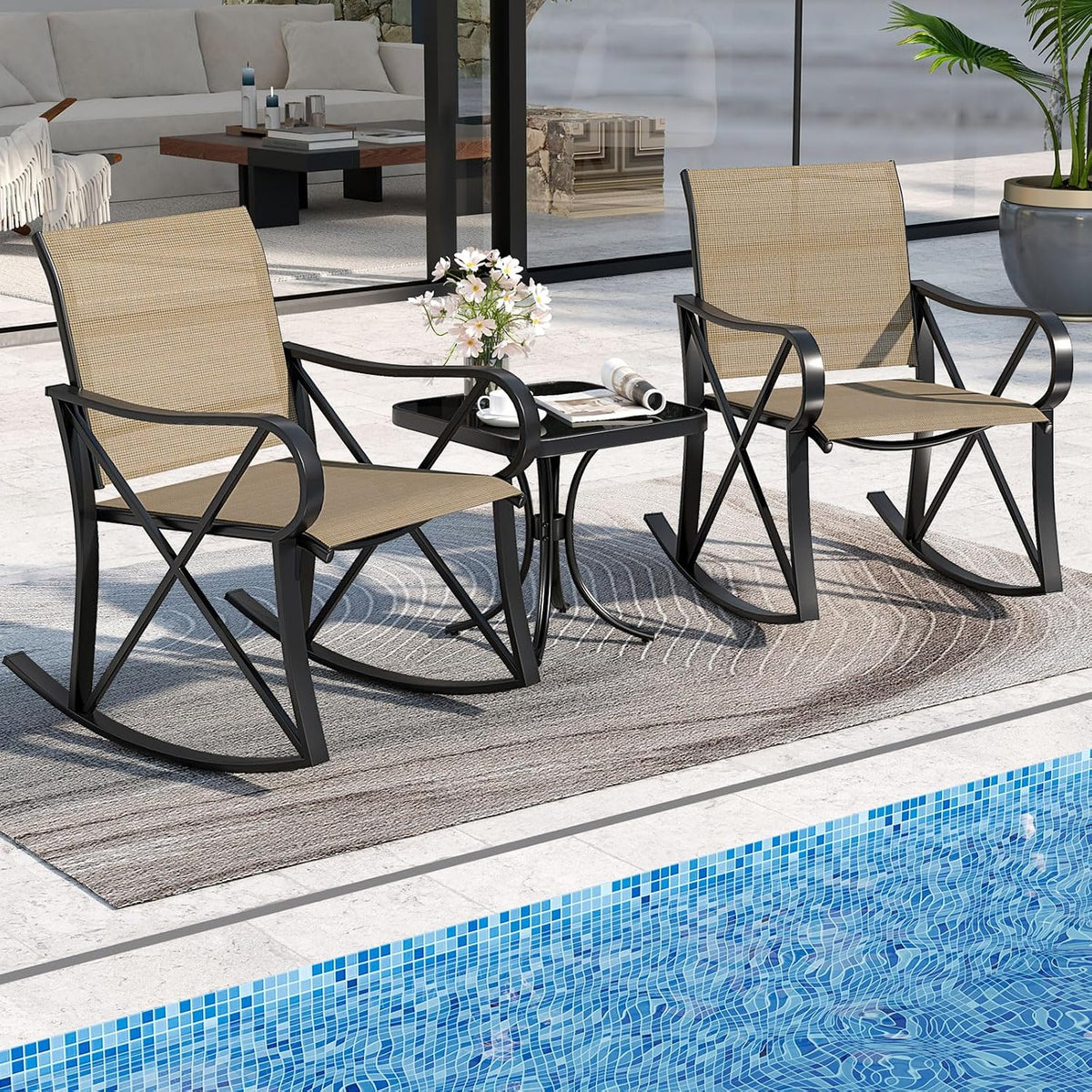 HAPPYGRILL 3-Piece Patio Rocking Bistro Set Rocker Chairs Set with Side Table, Outdoor Conversation Furniture Set with Metal Frame for Porch, Garden, Backyard, Balcony (Brown)