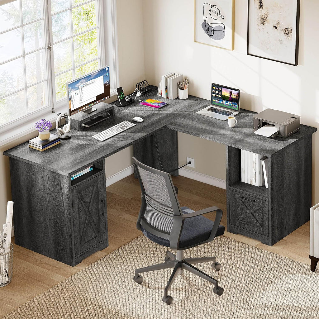 DWVO L Shaped Desk with File Drawer, 60' Corner Computer Desk with Power Outlets, Home Office Desk with Monitor Stand & Storage Shelves & File Cabinet, Grey