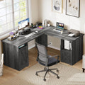 DWVO L Shaped Desk with File Drawer, 60' Corner Computer Desk with Power Outlets, Home Office Desk with Monitor Stand & Storage Shelves & File Cabinet, Grey