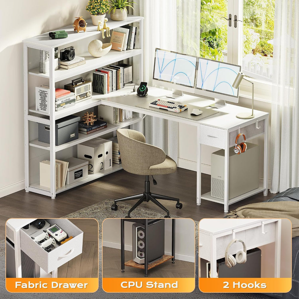 PRAISUN 57 Inch L Shaped Gaming Computer Desk with Larger Open Cabinet, Reverisble Office Desk with Power Outlets, LED Lights, Work Desk, Fabric Drawer, Adjustable Wood and Mesh Shelf, White