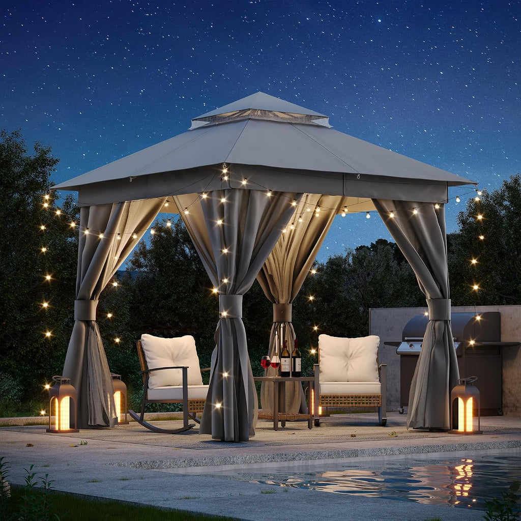 LAUSAINT HOME Patio Gazebo 8'x8', with 50ft Lights Outdoor Heavy Duty Party Tent Shelter with Double Roofs, Mosquito Nettings and Privacy Screens for Backyard, Garden, Lawn, Gray