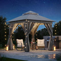 LAUSAINT HOME Patio Gazebo 8'x8', with 50ft Lights Outdoor Heavy Duty Party Tent Shelter with Double Roofs, Mosquito Nettings and Privacy Screens for Backyard, Garden, Lawn, Gray