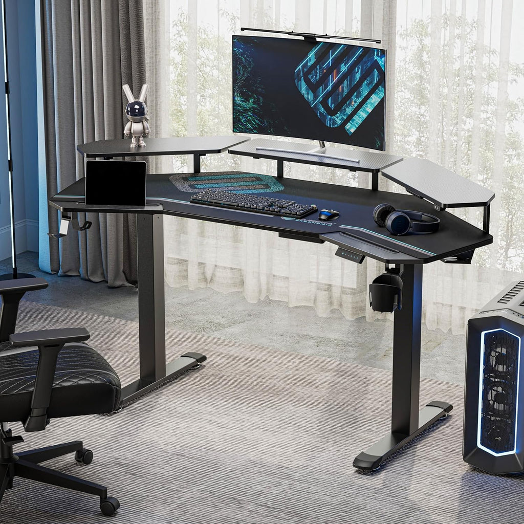 EUREKA ERGONOMIC Gaming Desk Adjustable Height Standing Desk 63' Wing Shaped Music Studio Table Workstation w Full Coverage Mousepad, 3 Stands, Dual Headphone/Cup Holder, Ipad-Slot