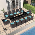 Gotland 15 Piece Outdoor Dining Set, All-Weather Rattan Patio Furniture Set with Umbrella Hole Tempered Glass Square Table, Outdoor Table and Chairs with Removable Cushions for Backyard, Deck Blue