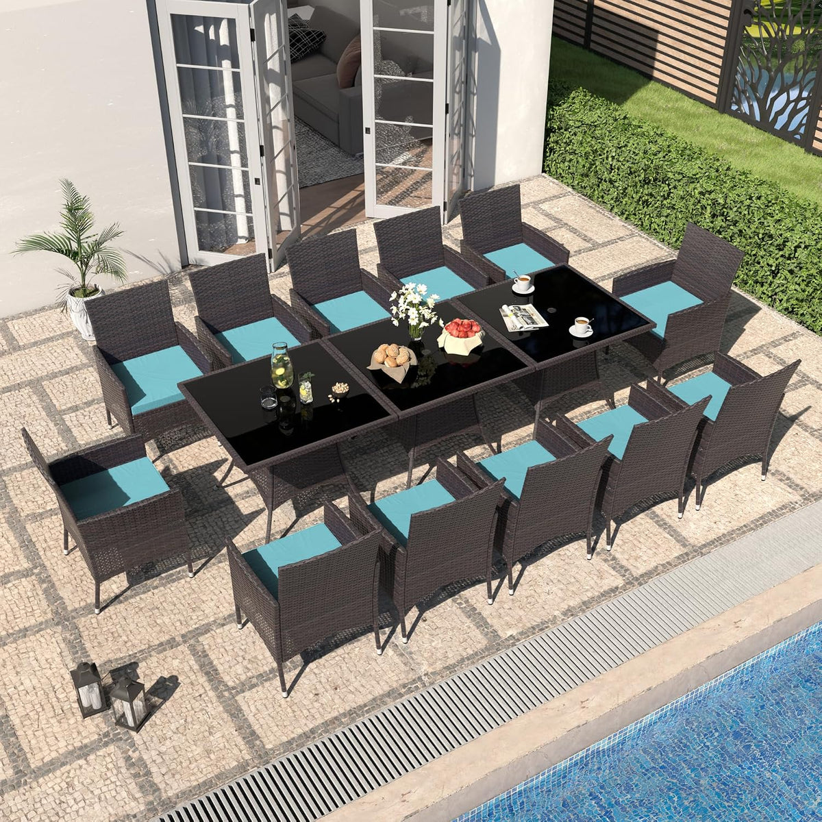 Gotland 15 Piece Outdoor Dining Set, All-Weather Rattan Patio Furniture Set with Umbrella Hole Tempered Glass Square Table, Outdoor Table and Chairs with Removable Cushions for Backyard, Deck Blue