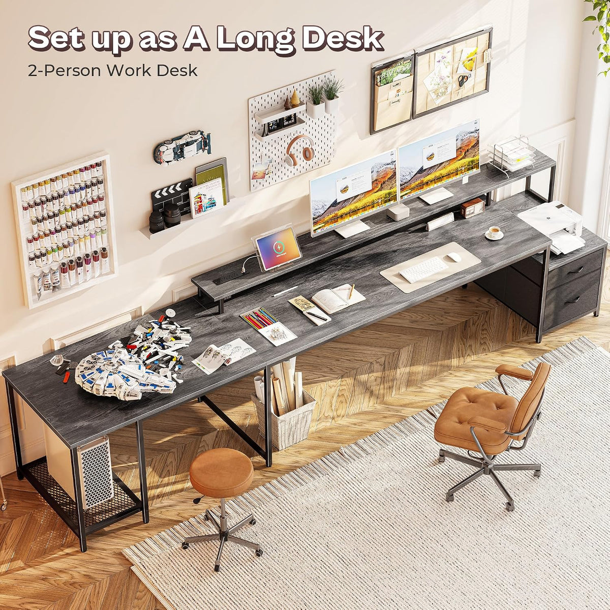 PRAISUN 66' L Shaped Gaming Desk with LED Lights & Power Outlets, Computer Desk with Fabric Drawers and Print Stand, Corner Office Desk, Monitor Stand, Mesh CPU Stand, Grey