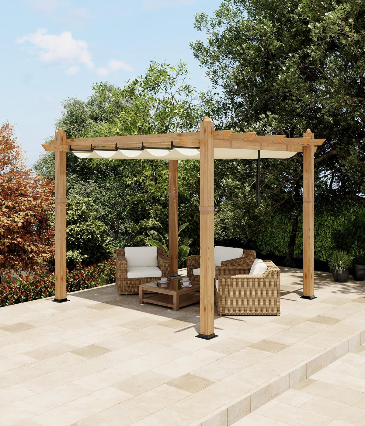 KYBOLT 10x10 Ft Outdoor Pergola with Retractable Canopy Aluminum Imitation Wood Grain Metal Patio Pergola for Backyard Deck Porch Grape Trellis(Beige)