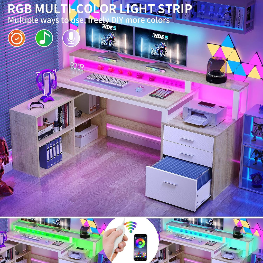 DWVO L Shaped Desk with Drawers, 65' Computer Desk with Power Outlets & LED Lights, Corner Home Office Desk with Storage Shelves & Printer Stand, White & Oak
