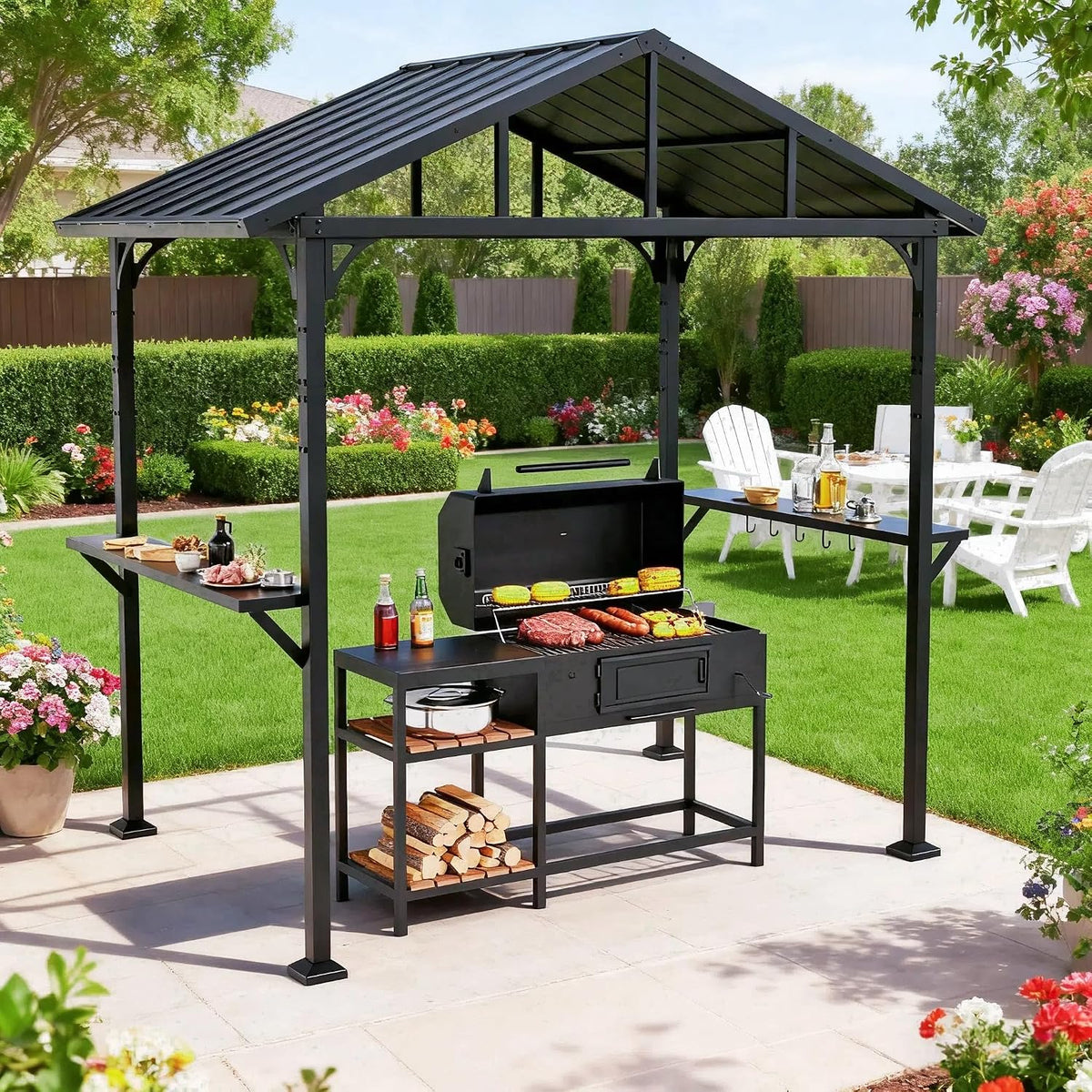 8' x 5' Hardtop Grill Gazebo,Outdoor BBQ Canopy Shelter with 2 Side Shelves and 5 Side Hooks,Patio Pavilion with Galvanized Steel Roof for Patio Lawn Backyard Garden