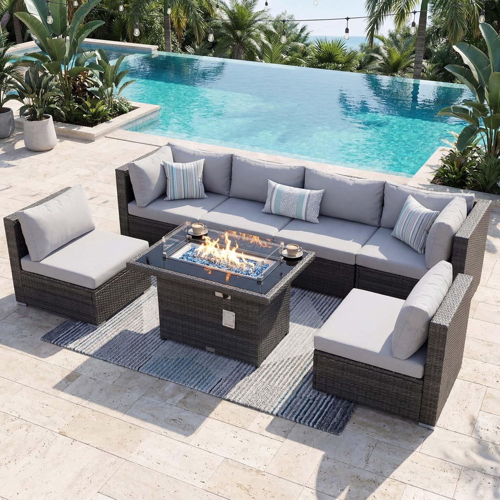 NICESOUL High-End Outdoor Patio Furniture Set with Natural Gas/Propane Firepits, 7 Piece Large Wicker Sectional Couches with Fire Table, 29.3'' High Back Deep Seating Comfy Conversation Sofas, Gray