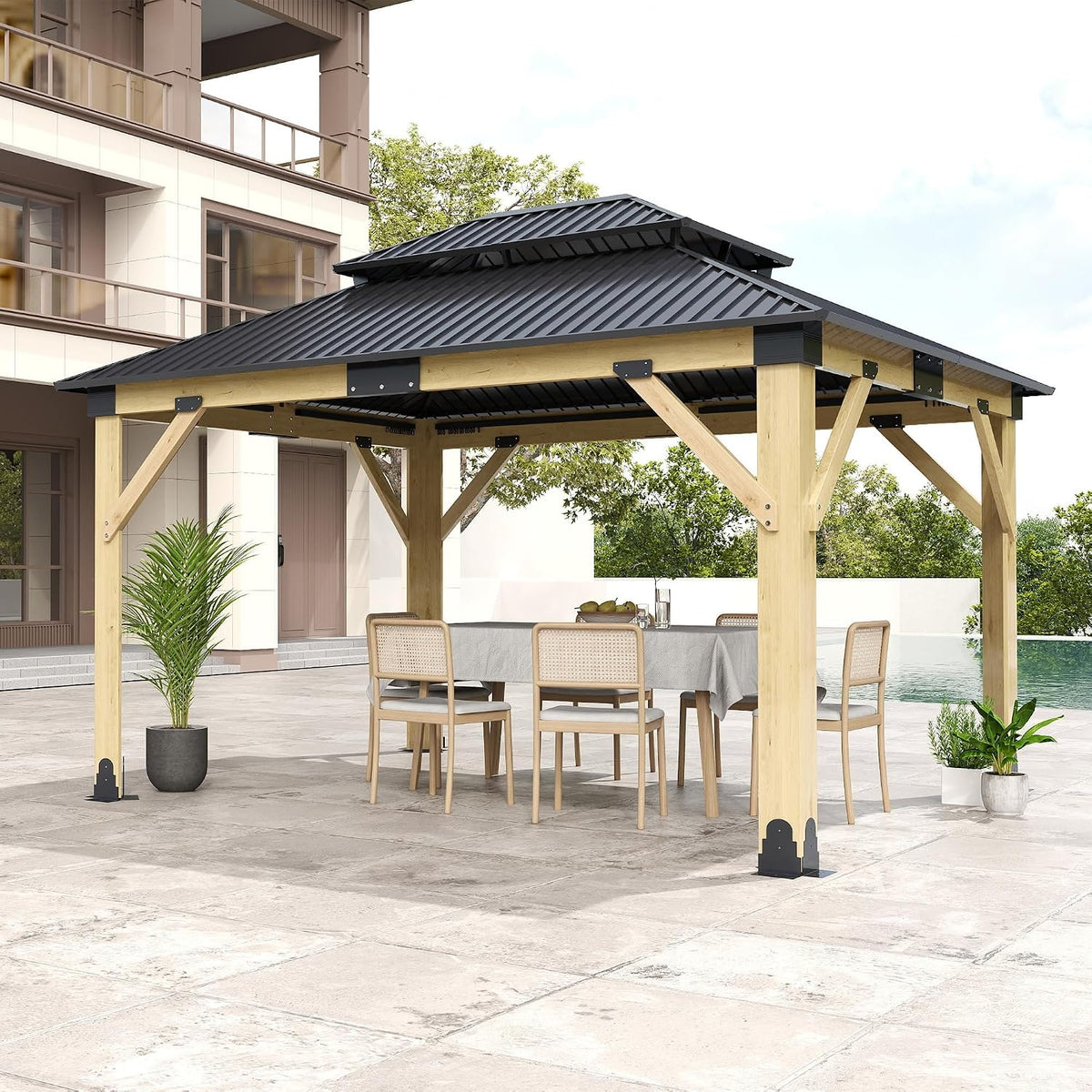 11x13FT Wood Gazebo, Outdoor Wooden Gazebo with Glavanized Steel Double Roof, Hardtop Gazebos for Garden, Patio, Deck, Backyard