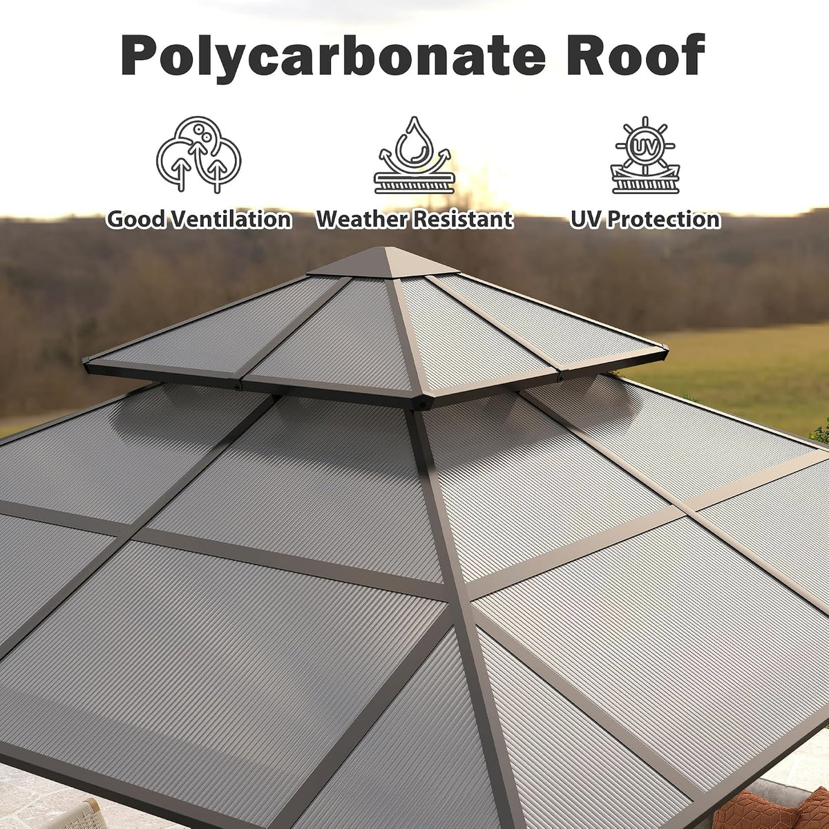 Hardtop Gazebo 10' x 10', Patio Gazebos with Polycarbonate Roof & Steel Frame, Outdoor Pavilion with Gray Curtain&Netting for Backyard/Lawn/Garden/Deck