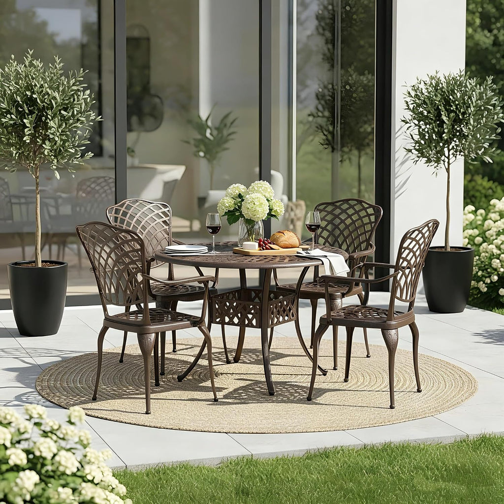 Mazatzal 5 Pieces Outdoor Furniture Dining Set for 4 All-Weather Cast Aluminum Round Patio Table and Chairs Outdoor Furniture Set with Umbrella Hole Retro Bronze Pattern Design