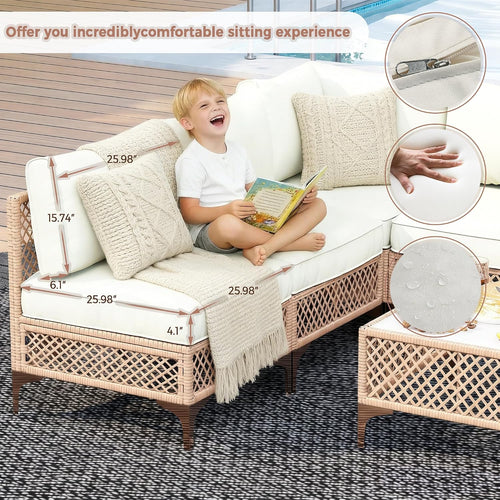 5-Piece Generous Patio Furniture Set, Wicker Outdoor Sectional Set with Large Tempered Glass Coffee Table, Boho Patio Conversation Couch Set with Thickened and Enlarged Cushion and Throw Cushion