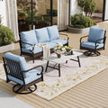 SUNSHINE VALLEY 4 PCS Metal Outdoor Patio Furniture Set, Patio Conversation Sets 1 3-Seater Sofa, 2 Swivel Chairs with 5.75' Extra Thick Cushion & Coffee Table, Black Frame Backyard Furniture, Blue