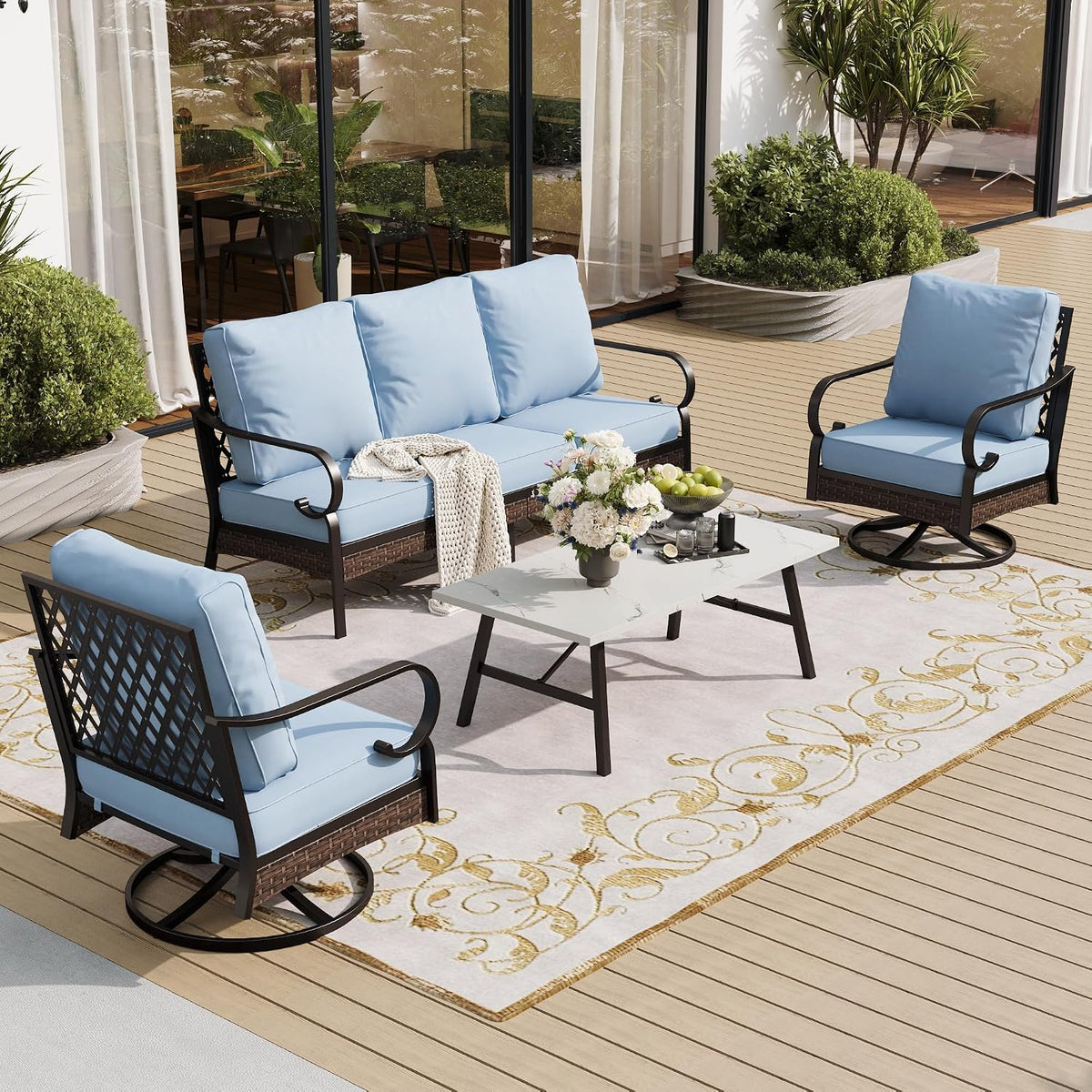 SUNSHINE VALLEY 4 PCS Metal Outdoor Patio Furniture Set, Patio Conversation Sets 1 3-Seater Sofa, 2 Swivel Chairs with 5.75' Extra Thick Cushion & Coffee Table, Black Frame Backyard Furniture, Blue