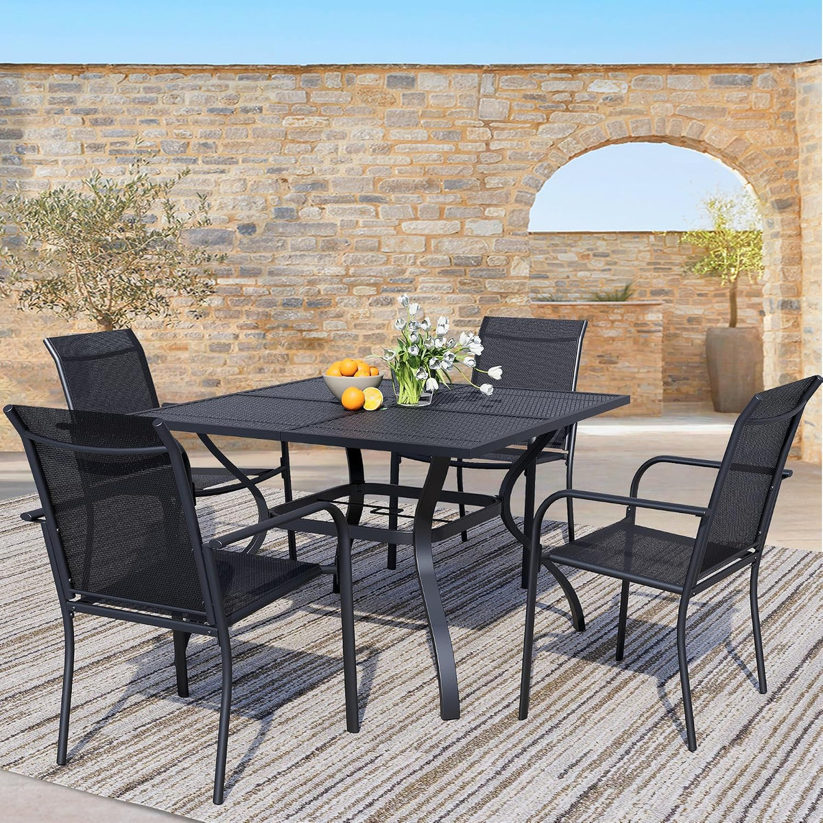 5 Piece Outdoor Dining Set, Patio Table and Chairs Set of 4, 37.5' Black Square Patio Table with 4 Black Stackable Patio Chairs for Lawn, Garden, Porch