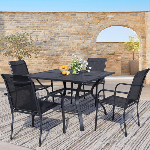5 Piece Outdoor Dining Set, Patio Table and Chairs Set of 4, 37.5' Black Square Patio Table with 4 Black Stackable Patio Chairs for Lawn, Garden, Porch
