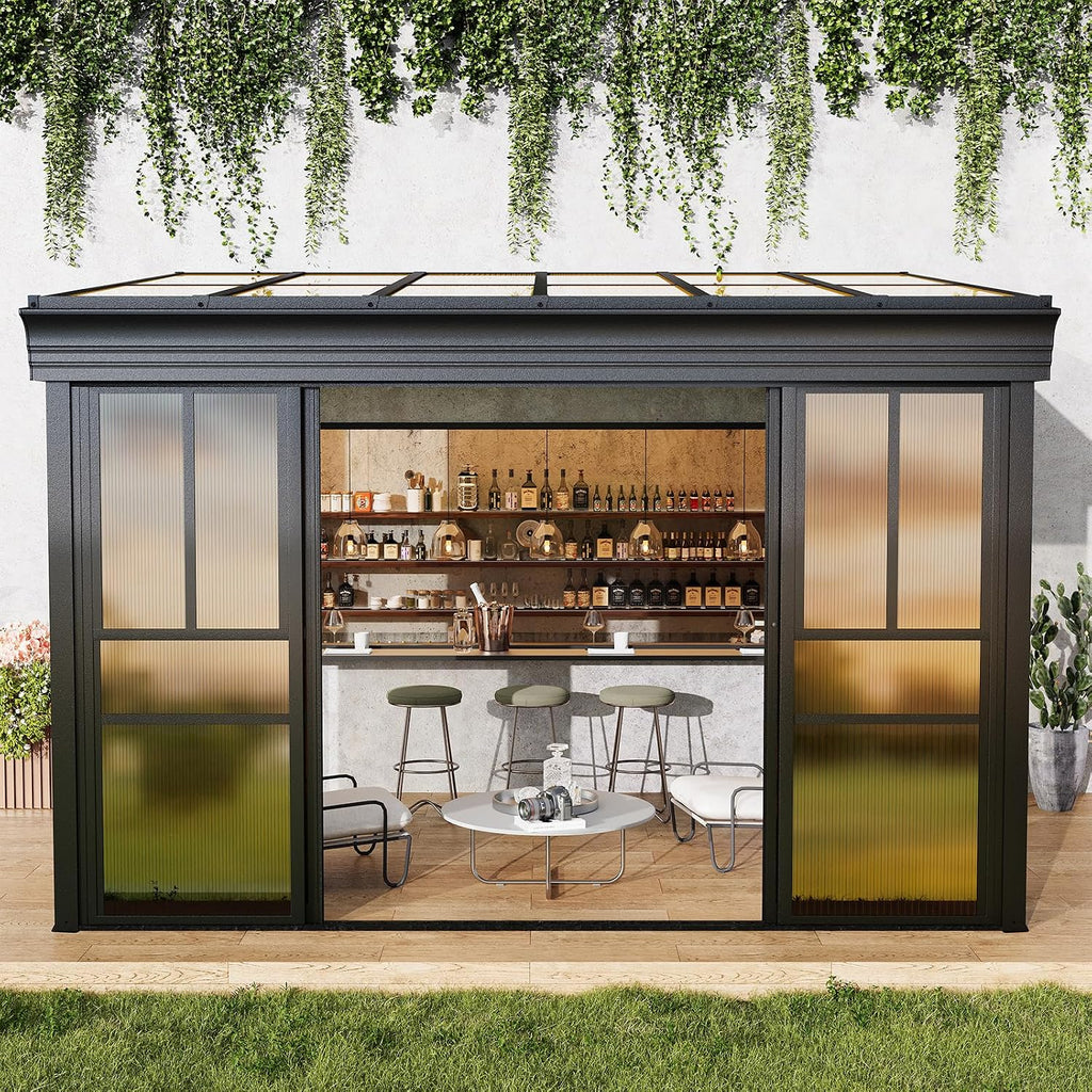 EROMMY 8x12 Lean-to Sunroom Gazebo, Enclosed Patio Shelter with Sliding Doors, Polycarbonate Roof and Brown-Tinted Panels, Aluminum Frame for Backyard