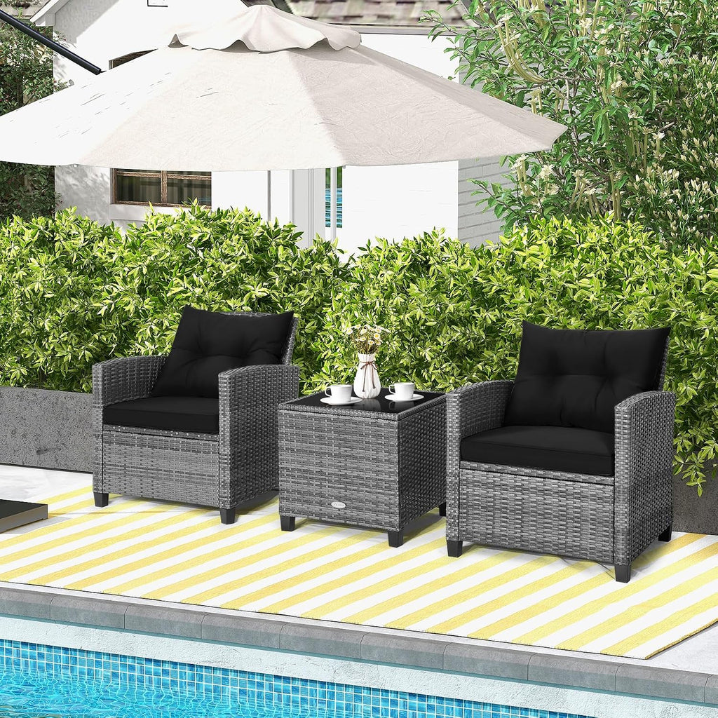 HAPPYGRILL 3 Pieces Patio Conversation Set, Outdoor Furniture Set PE Rattan Sofa Set with Removable Cushions, PE Wicker Chairs with Tempered Glass Side Table for Porch Lawn Garden Balcony Backyard