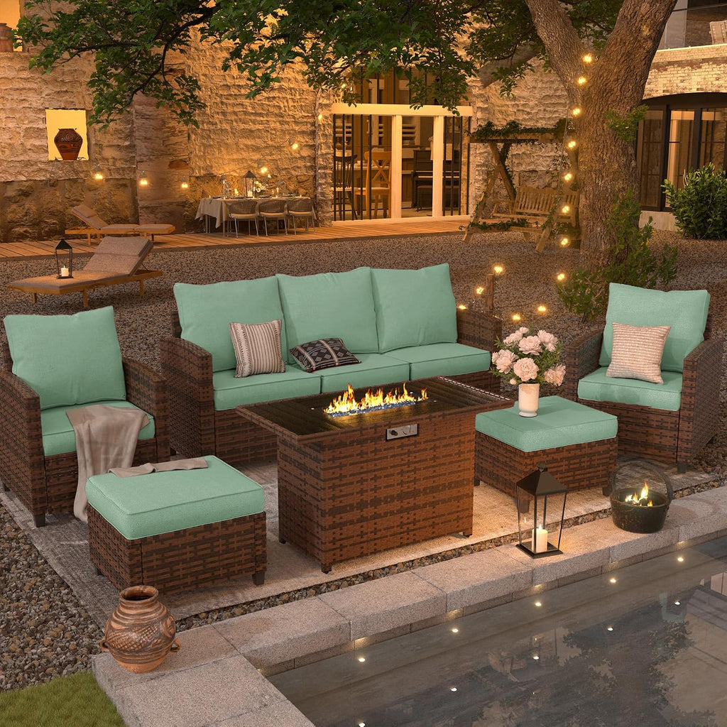 UDPATIO Patio Furniture Set with 44' Fire Pit Table, 6 Pieces Outdoor Sectional Conversation Sets, All-Weather Wicker Rattan Sofa Ottoman with 4' Thick Cushion for Garden Backyard Deck, Light Blue