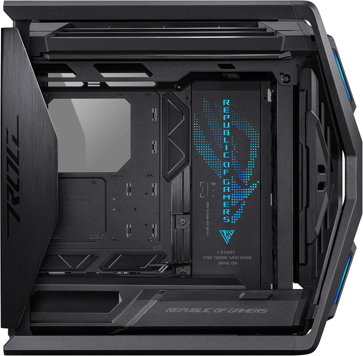 ASUS ROG Hyperion GR701 BTF Edition PC case, ASUS ATX BTF motherboards Support, 420 mm Dual Radiator Support, Four 140 mm Fans, Metal GPU Holder, Component Storage, ARGB Fan hub, 60W Fast Charging