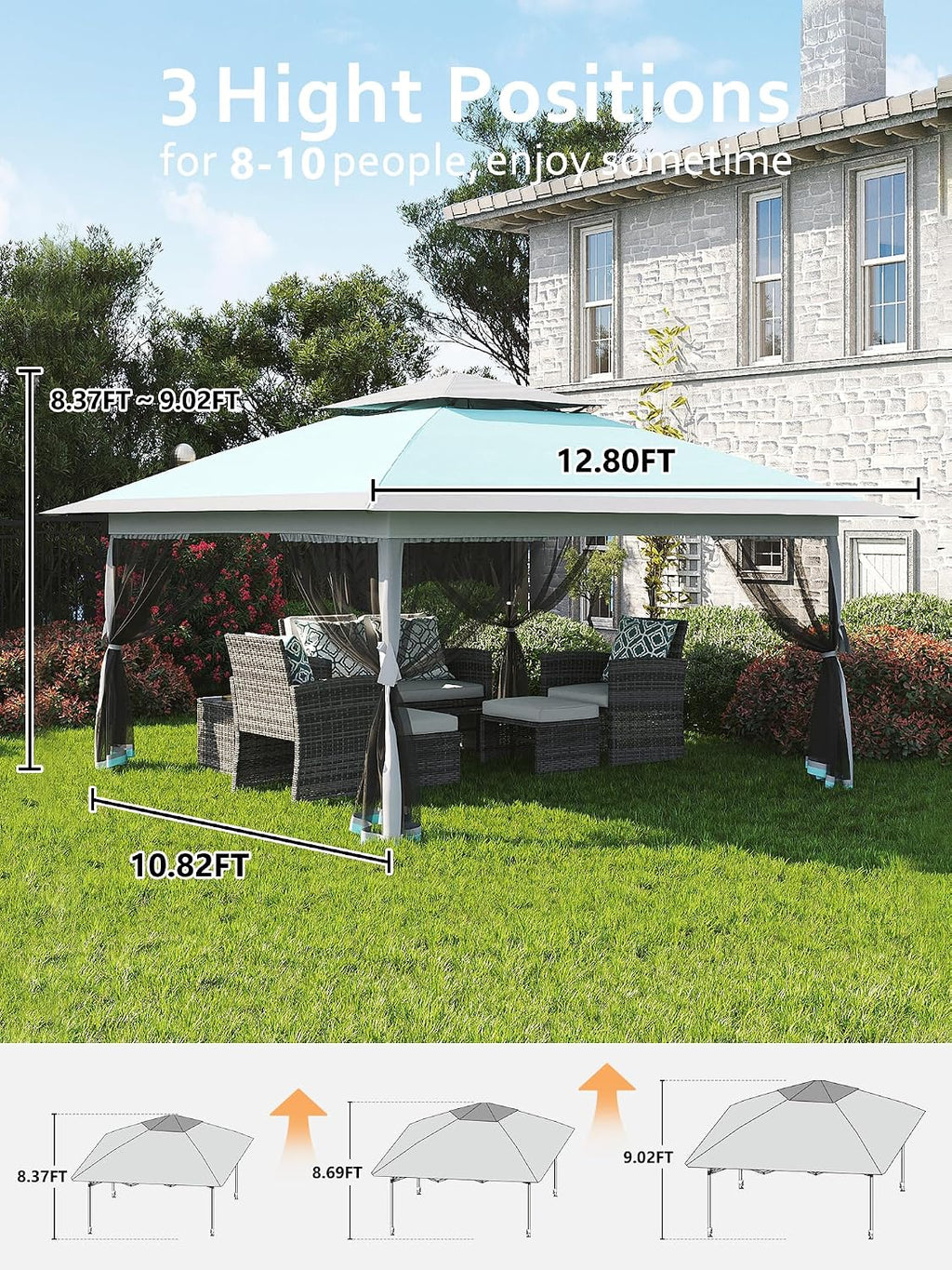 Garvee 13x13 Pop Up Gazebo,Canopy Tent with Mosquito Netting,Outdoor Patio Gazebo,Backyard Tent for Party,Wedding,Outdoor Dining(Light Blue+Light Grey)
