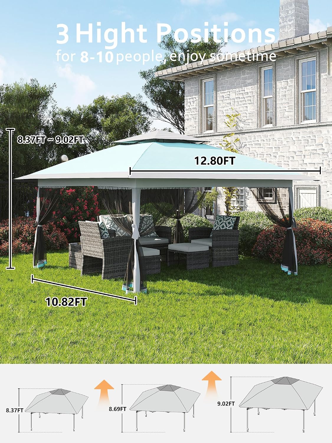 Garvee 13x13 ft Pop Up Gazebo, Canopy Tent with Mosquito Netting, Outdoor Gazebos for Backyard & Patio Furniture - Pop Up Canpy with Wheeled STO-N-Go Cover Bag (Light Blue+Light Grey)