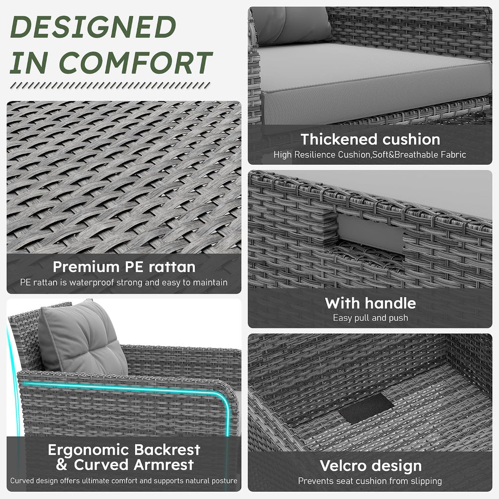 LHBcraft Balcony Furniture 5 Piece Patio Chairs Conversation Set, PE Wicker Rattan Outdoor Lounge Chairs with Soft Cushions 2 Ottoman-Glass Table for Porch, Charcoal
