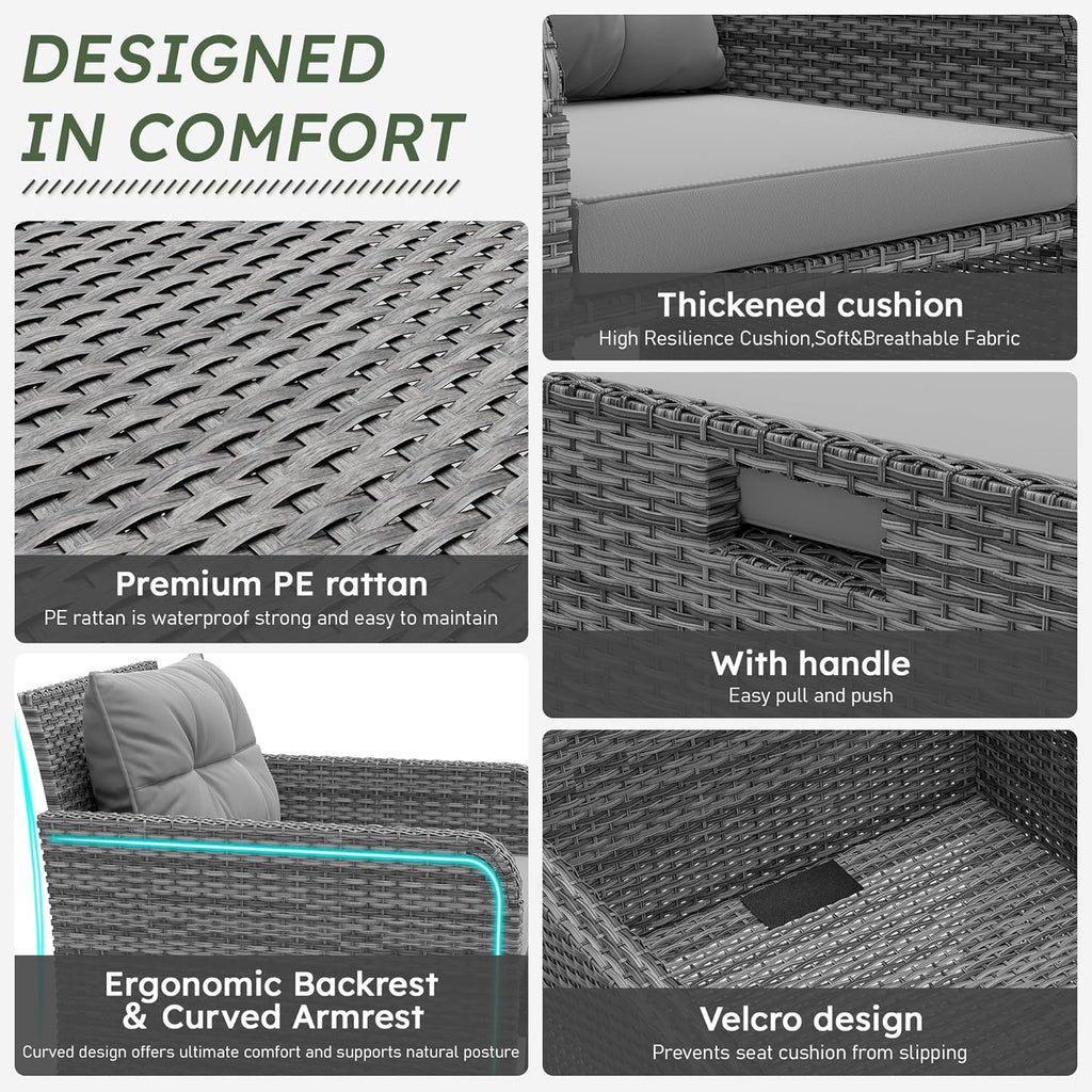 LHBcraft Outdoor Furniture 5 Piece Patio Conversation Set, PE Rattan Patio Set with Soft Cushions & Coffee Table, Outside Furniture with Hidden Ottoman for Porch, Lawn, Garden, Balcony, Grey