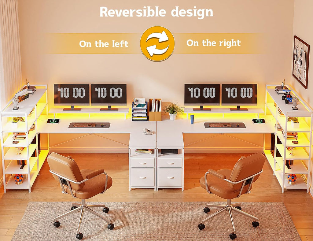 DurayLoly Computer Desk with 6 Storage Shelves & 2 Fabric Drawers,63'' L Shaped Gaming Desk with Power Outlet & LED Strip, Reversible Office Desk with Monitor Stand, White