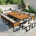 Merax 18 Pieces Outdoor Dining Set for 16 People, Acacia Wood Patio Furniture Sets with 2 Square Tables, 8 Cushioned Chairs and 8 Ottomans for Backyard, Garden, Lawn, Poolside, Beige