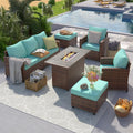UDPATIO Patio Furniture Set with 44' Fire Pit Table, 6 Pieces Outdoor Sectional Conversation Sets, All-Weather Wicker Rattan Sofa Ottoman with 4' Thick Cushion for Garden Backyard Deck, Light Blue