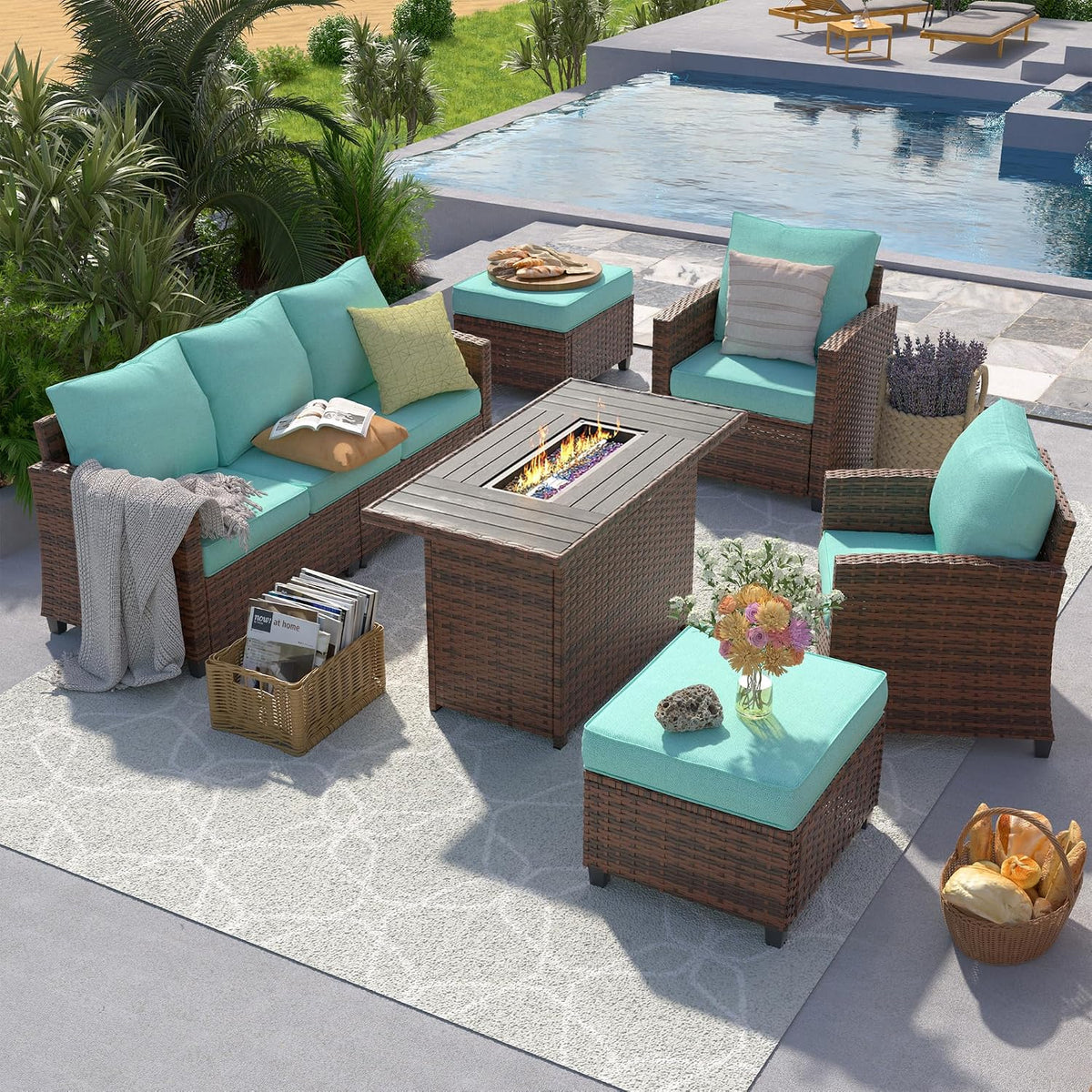 UDPATIO Patio Furniture Set with 44' Fire Pit Table, 6 Pieces Outdoor Sectional Conversation Sets, All-Weather Wicker Rattan Sofa Ottoman with 4' Thick Cushion for Garden Backyard Deck, Light Blue