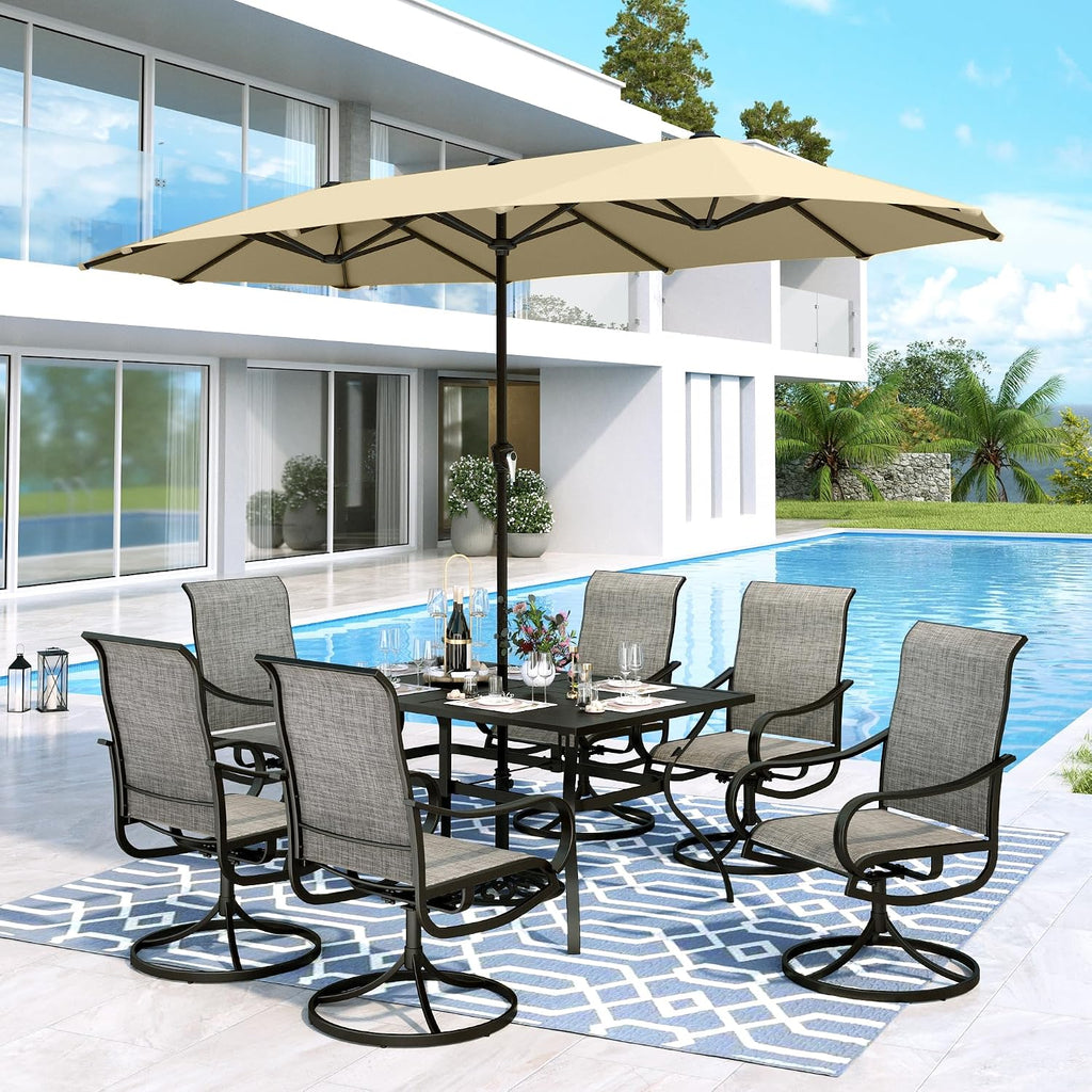 MFSTUDIO Patio Dining Set for 6, Outdoor Furniture Set with Beige Umbrella (Base not Included), Rectangle Metal Table and 6 Swivel Chairs for Patio, Deck, Backyard, Garden