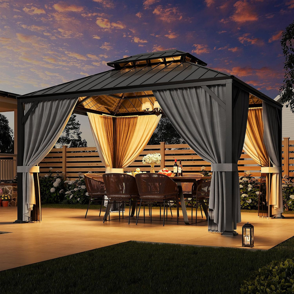 IRONCK 10'x12' Outdoor Hardtop Gazebo, Aluminum Patio Gazebo with Galvanized Steel Double Roof, Patio Pergola with Net and Curtain, Backyard Canopy for Garden, Deck, Black Gray