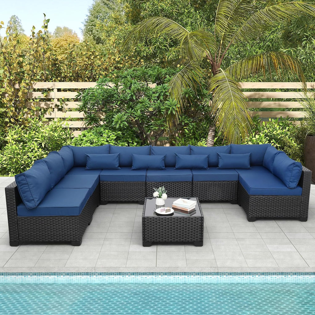 Rattaner 9 Pieces Outdoor Sectional All-Weather Wicker Patio Furniture Set Patio Sectional and Glass Patio Table Non-Slip Cushions and Waterproof Covers, Navy Blue