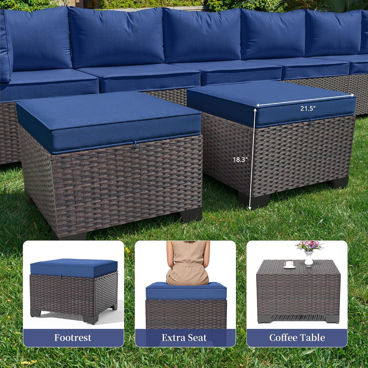 8 PCS Outdoor Patio Furniture Set,Outdoor Sectional Furniture All Weather PE Rattan Wicker Patio Conversation Set with 2 Ottomans and Coffee Table,Navy Blue