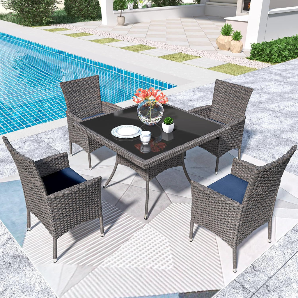 5 Piece Outdoor Dining Set,Rattan Patio Conversation Set of 4 Chairs,Patio Dining Table and Chairs w/Cushions,Square Glass Tabletop,Umbrella Cutout for Patio,NavyBlue