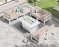 RADIATA 6 Seat Large Luxury Aluminum Patio Conversation Set with Fire Pit Table, 29 inch Wide Deep Seated, U Shaped Sectional Couch, 500 lbs Heavy Duty All Weather Outdoor Sofa for Backyard, Beige