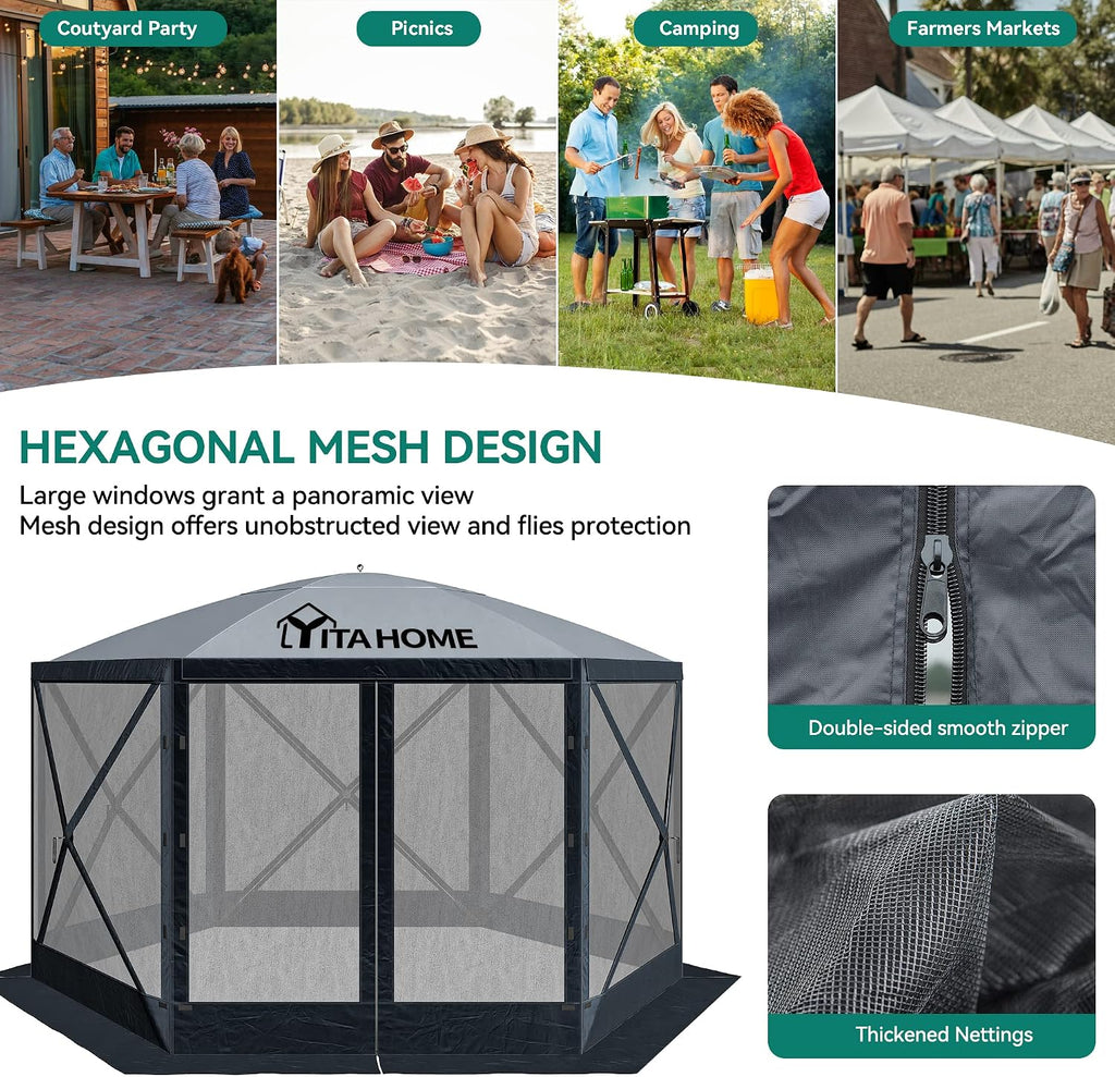 YITAHOME 11.5x11.5ft Camping Gazebo, Portable Pop Up Canopy Outdoor Screen Tent 6 Sided with Mesh Windows and Carry Bag for Camping, Picnic, Backyard Party Outside Activities, Gray