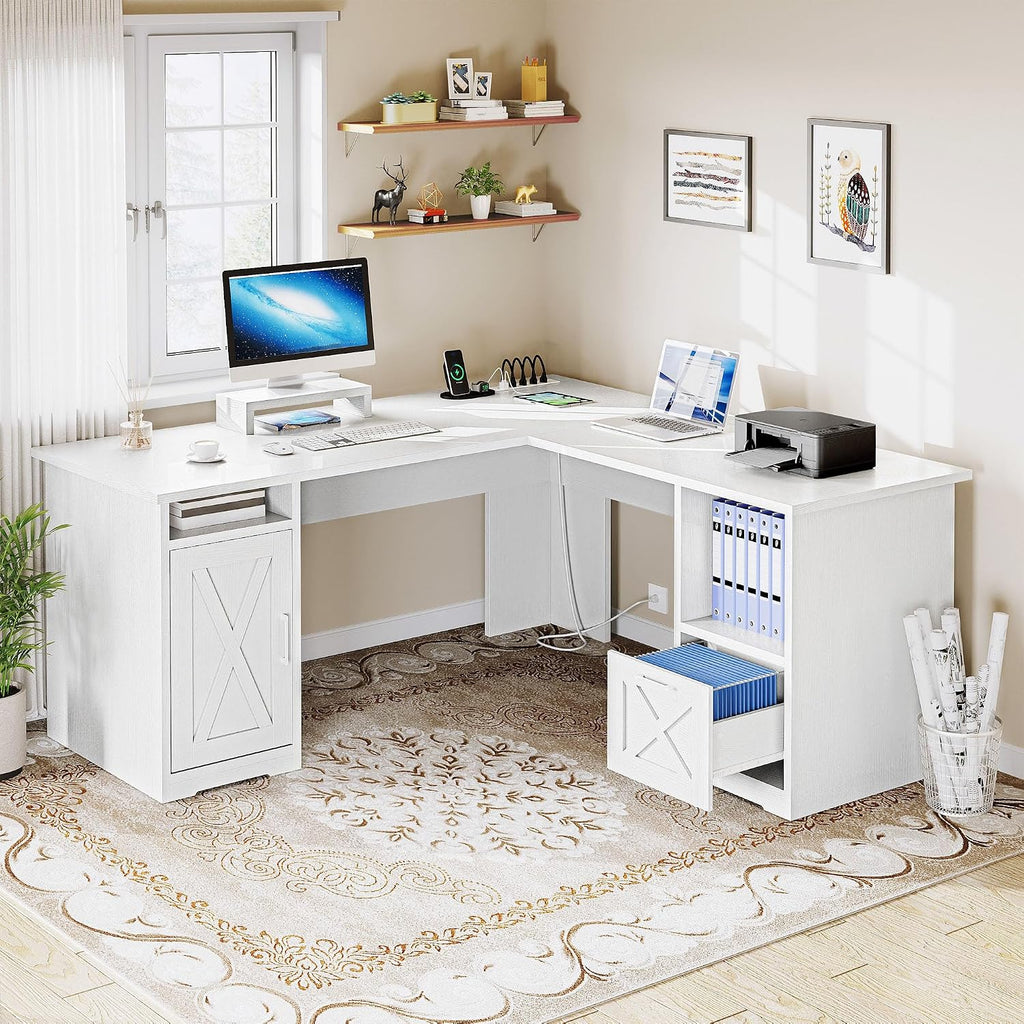 DWVO L Shaped Desk with File Drawer, 60' Corner Computer Desk with Power Outlets, Home Office Desk with Monitor Stand & Storage Shelves & File Cabinet, White