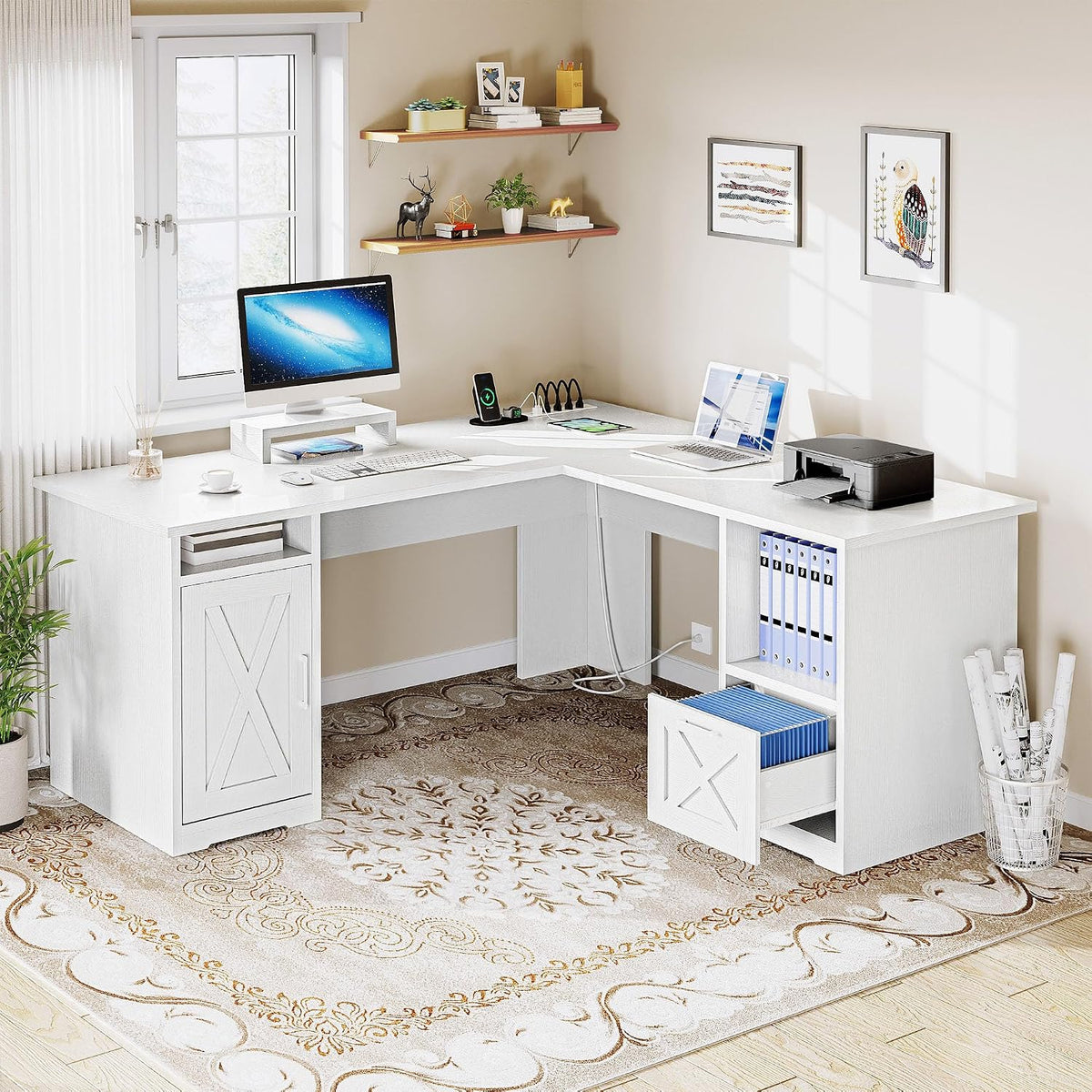 DWVO L Shaped Desk with File Drawer, 60' Corner Computer Desk with Power Outlets, Home Office Desk with Monitor Stand & Storage Shelves & File Cabinet, White