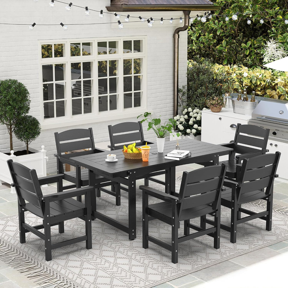 5-Piece HIPS Patio Dining Set, Outdoor Dining Table and Chairs Set with Umbrella Hole, Weatherproof Dining Table Set for 4 Person, Patio Furniture Set for Outside Deck, Black