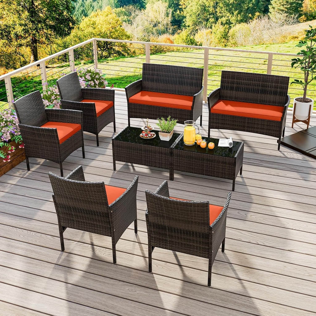 ORALNER 4 Pieces Patio Furniture Set, Rattan Chairs Loveseat with Soft Cushion and Glass Table, Outdoor Wicker Conversation Set for Balcony Garden Backyard Porch Poolside (Orange)