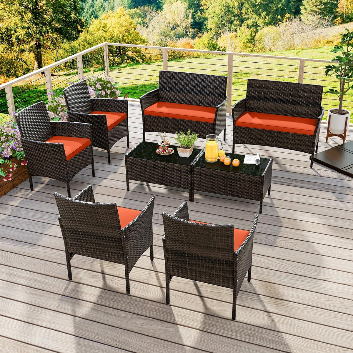 ORALNER 4 Pieces Patio Furniture Set, Rattan Chairs Loveseat with Soft Cushion and Glass Table, Outdoor Wicker Conversation Set for Balcony Garden Backyard Porch Poolside (Orange)