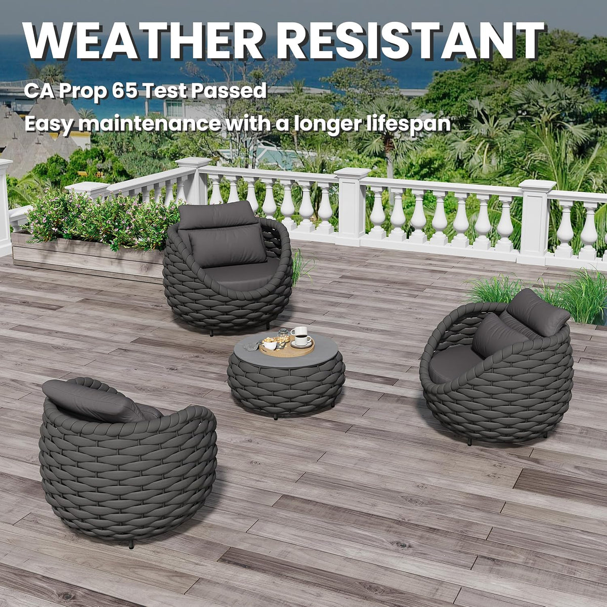 4 Pieces Courtyard Seating Set: Aluminum Woven Rope Patio Furniture Chair Set - All Weather Metal Outdoor Conversation Set - Assembled Armchair w/Table for Bistro Deck Porch Balcony, Dark Grey