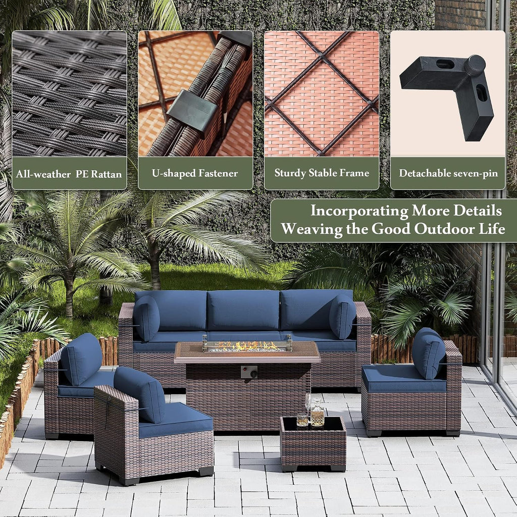8 Pieces Outdoor Patio Furniture Set,Outdoor Sectional Furniture with 43' 55000 BTU Gas Propane Fire Pit Table,All Weather PE Rattan Wicker Patio Conversation Set,Navy Blue