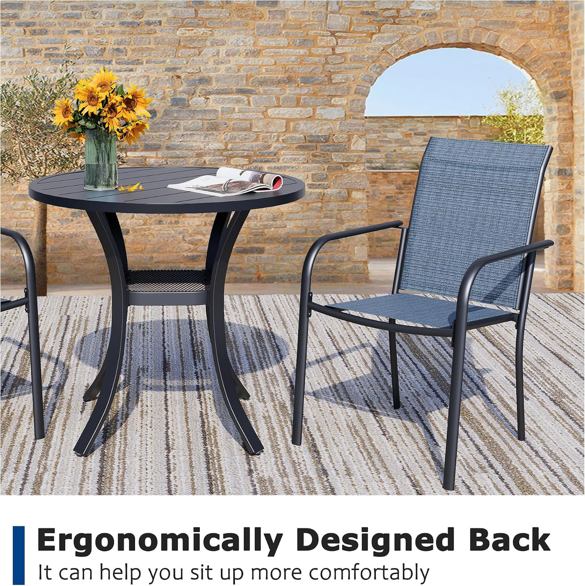 3 Piece Outdoor Dining Set, Patio Table and Chairs Set of 2, 27.6' Black Round Patio Table with 2 Blue Stackable Patio Chairs for Lawn, Garden, Porch